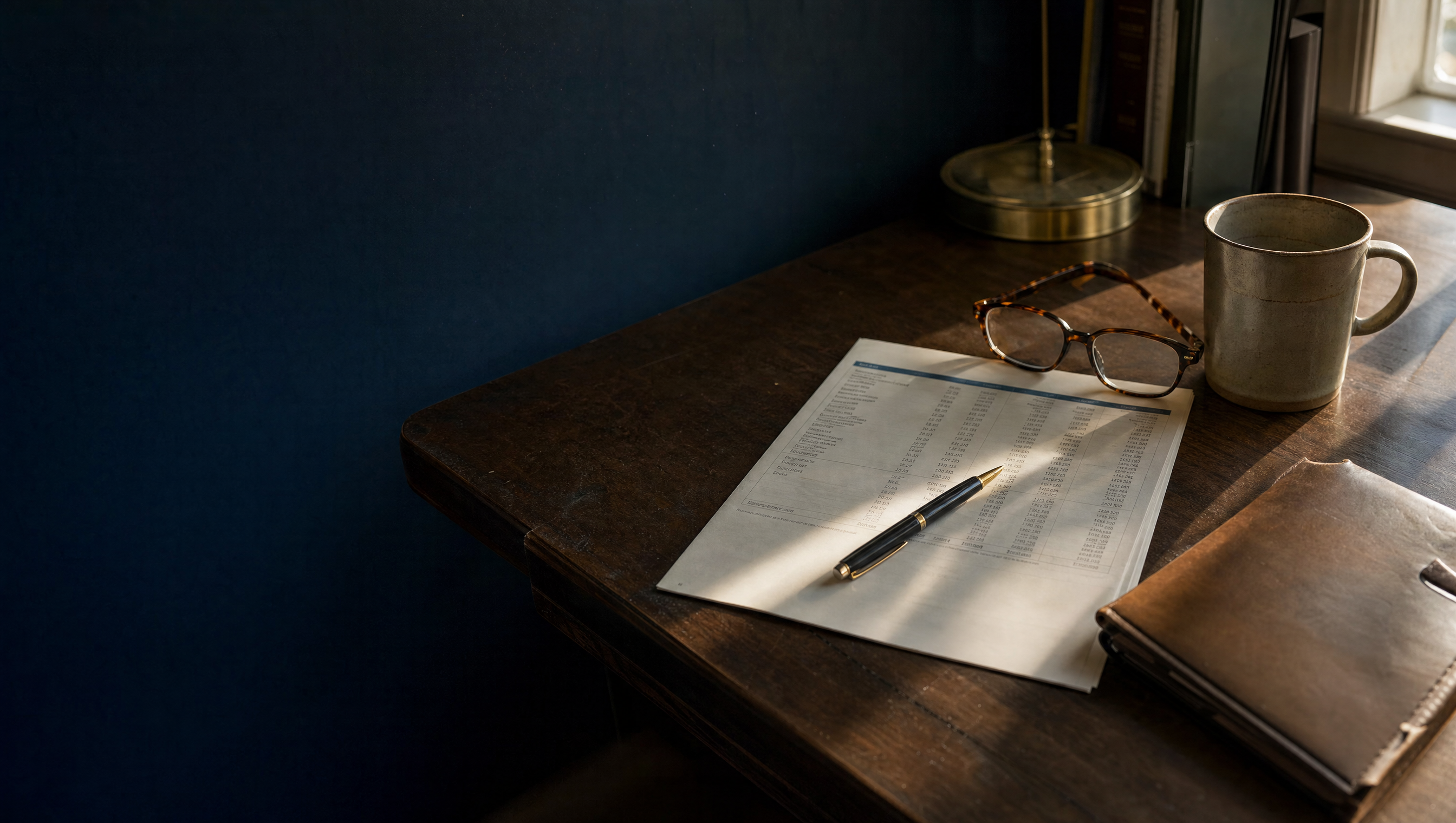 A financial statement, fountain pen, and reading glasses on a walnut desk in late-afternoon light.