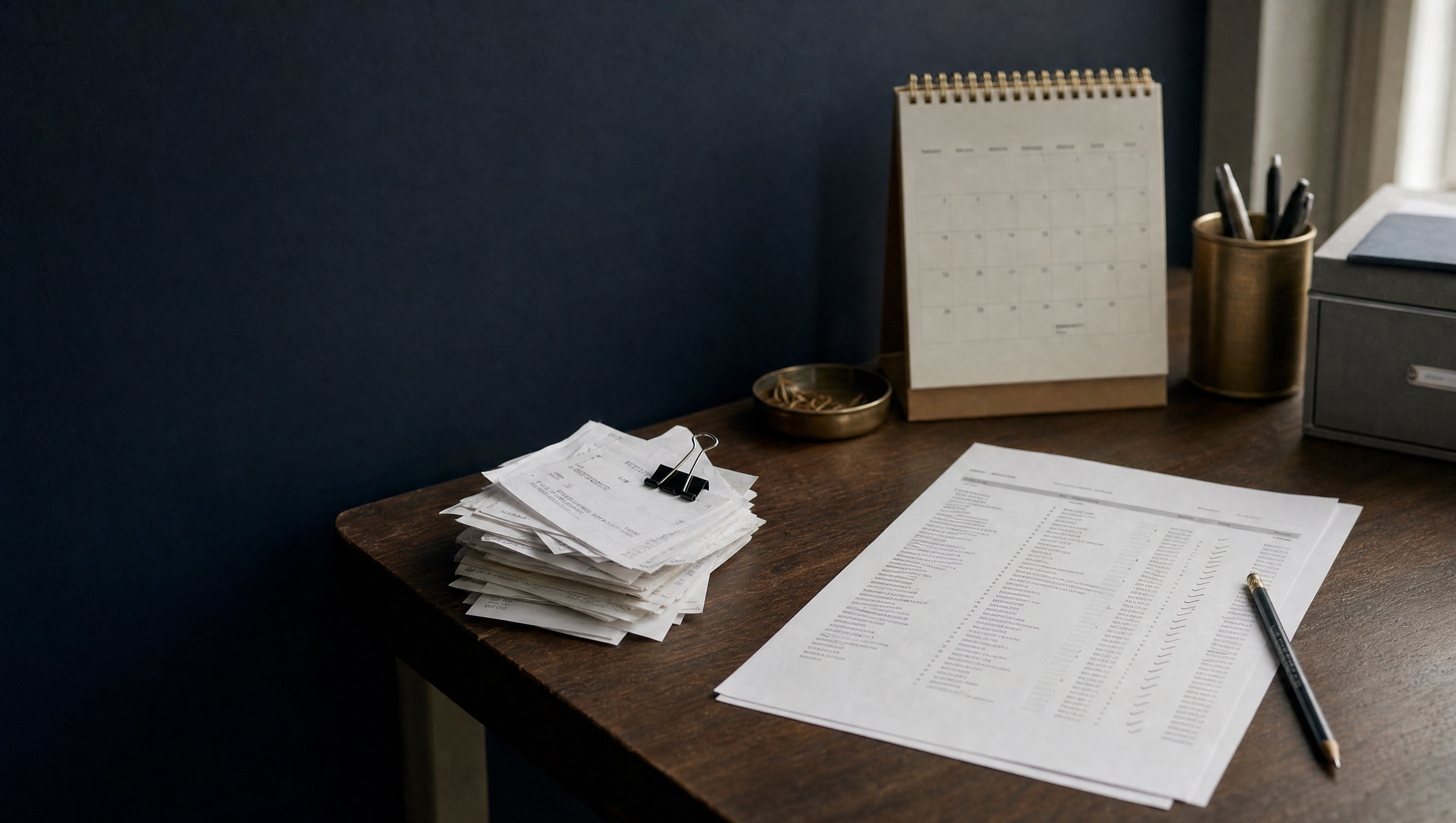 A printed ledger with pencil check marks beside a clipped stack of receipts and a desk calendar.