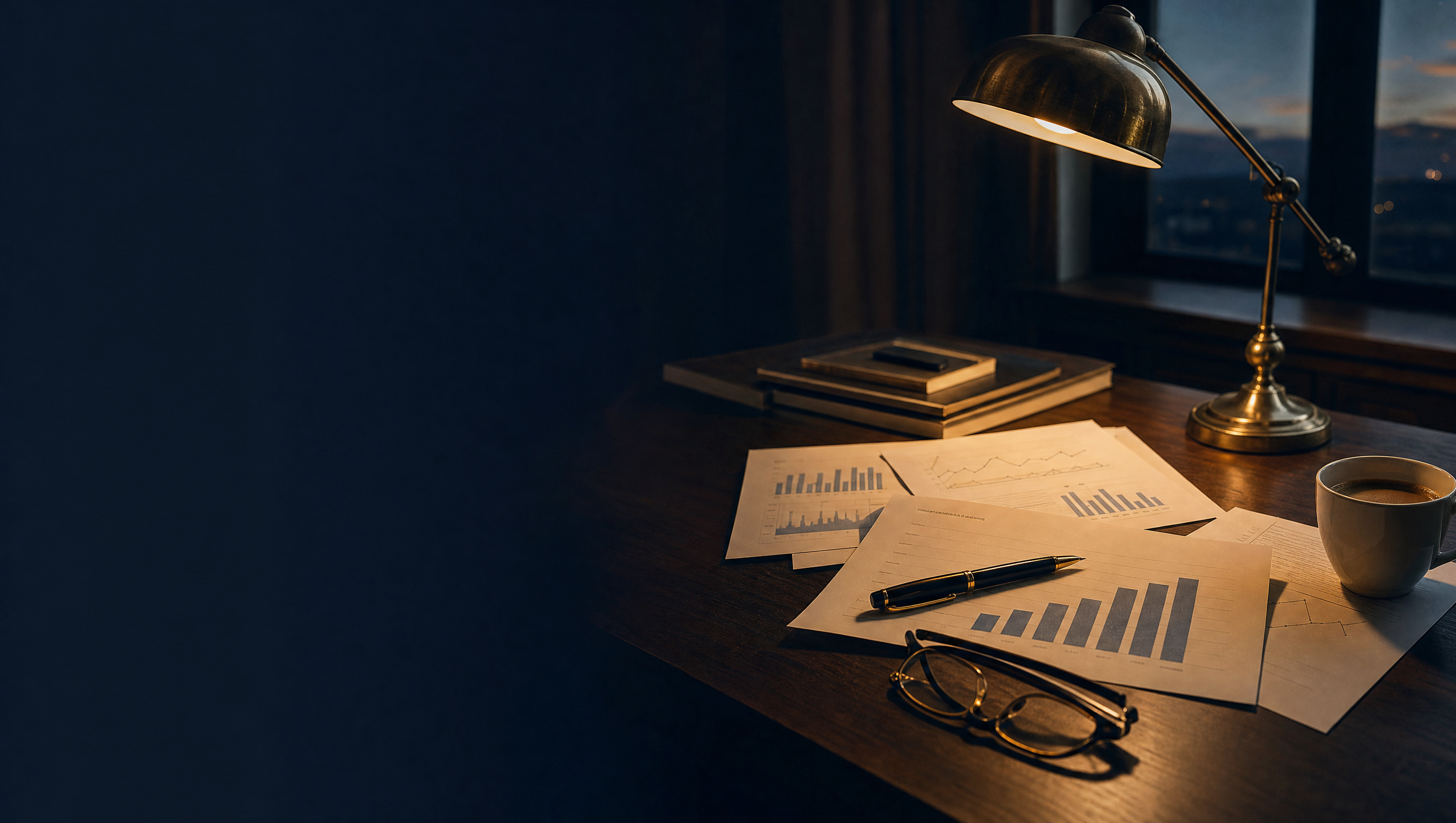 Printed bar charts and a fountain pen under a brass desk lamp, with a city at dusk through the window.