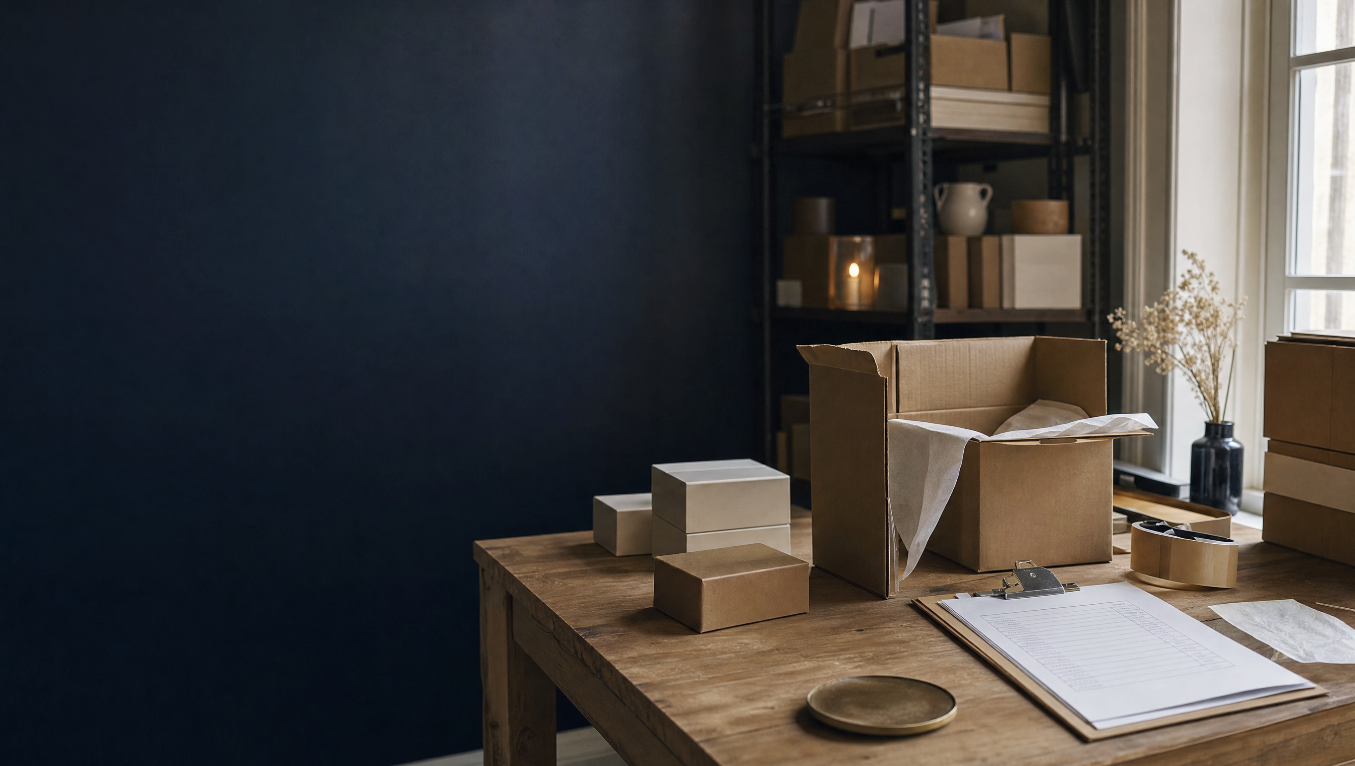 Kraft shipping boxes, packing tape, and a clipboard with a packing list on a wooden table.
