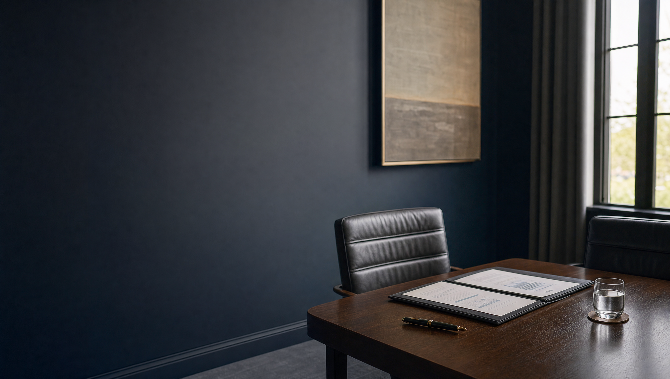 A leather folio holding a financial report, a fountain pen, and a glass of water on a conference table.