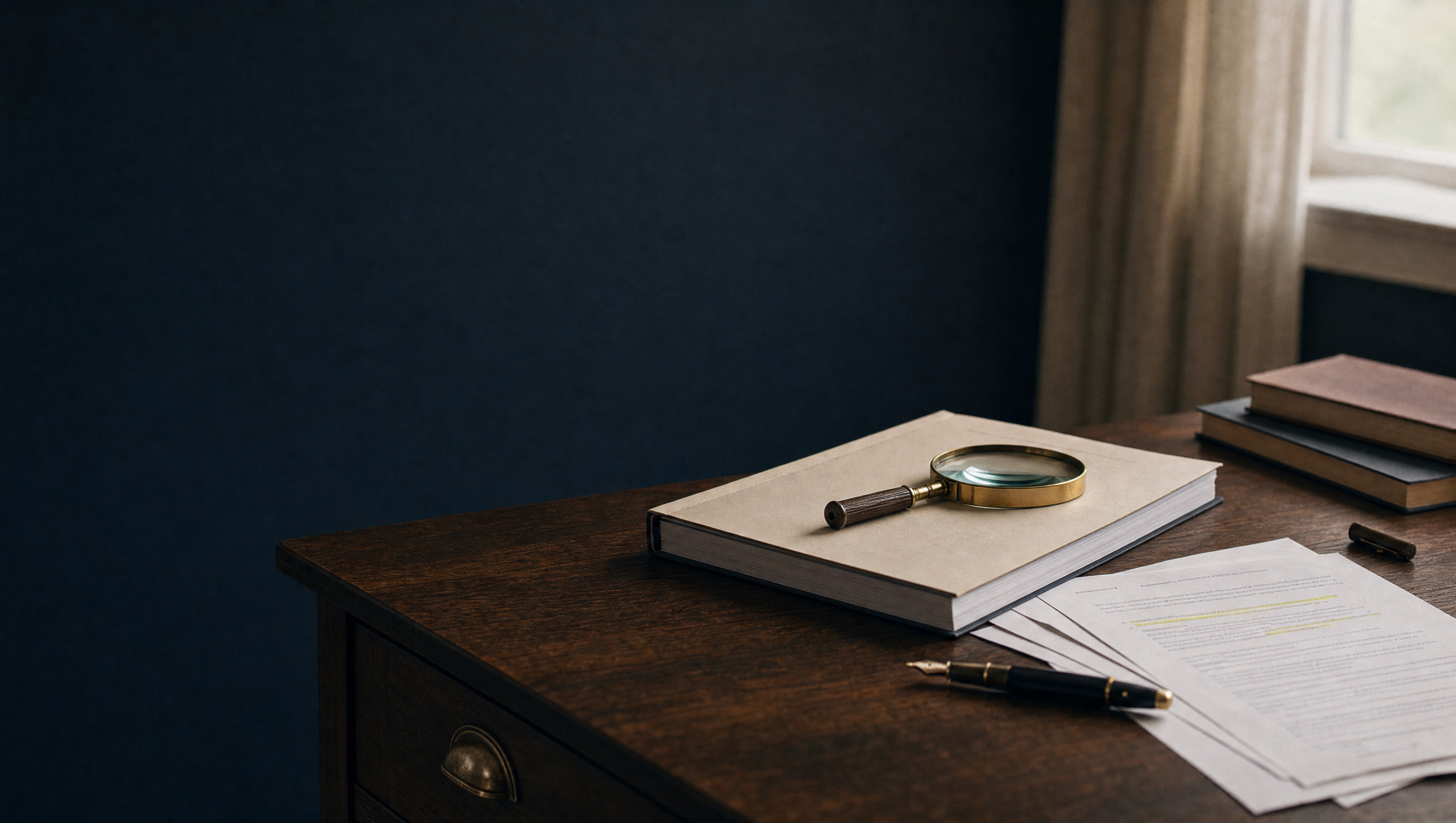 A bound report with a magnifying glass on top, next to highlighted pages and a fountain pen.