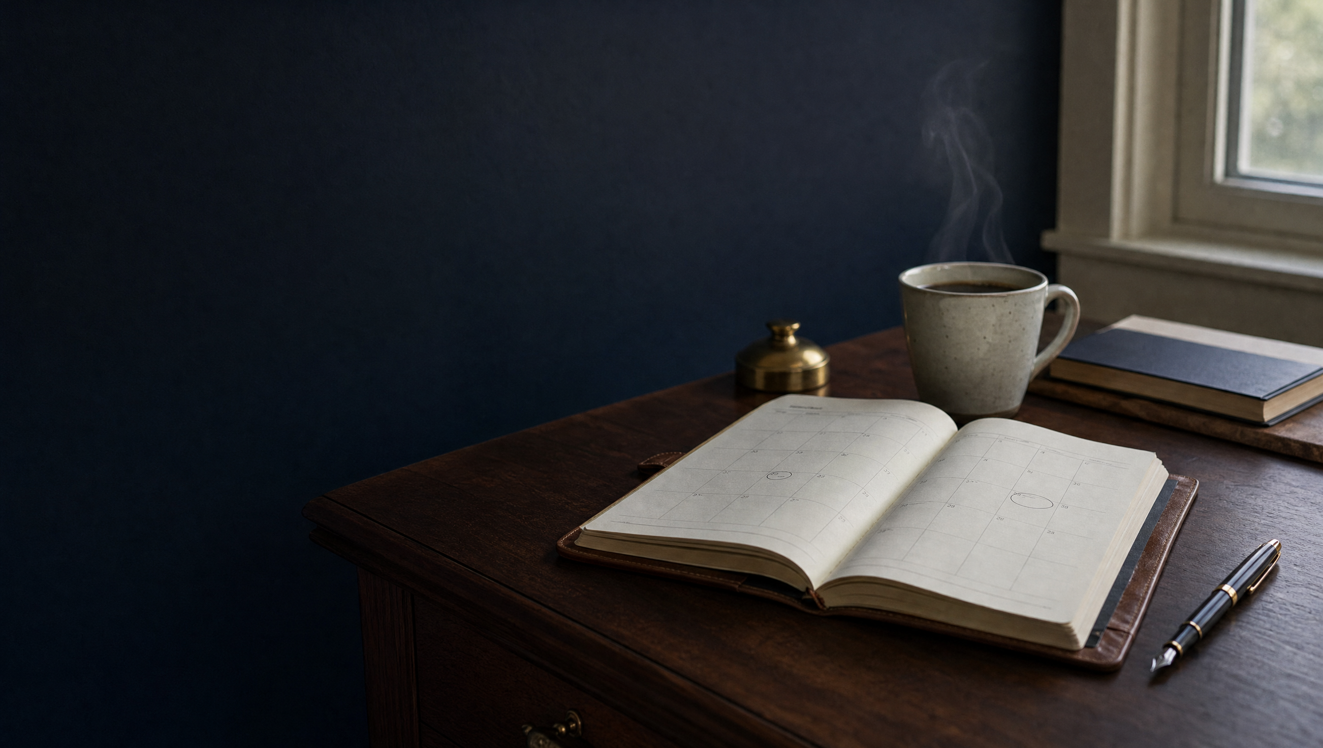 An open planner with circled dates, a fountain pen, and a cup of coffee on a walnut desk.