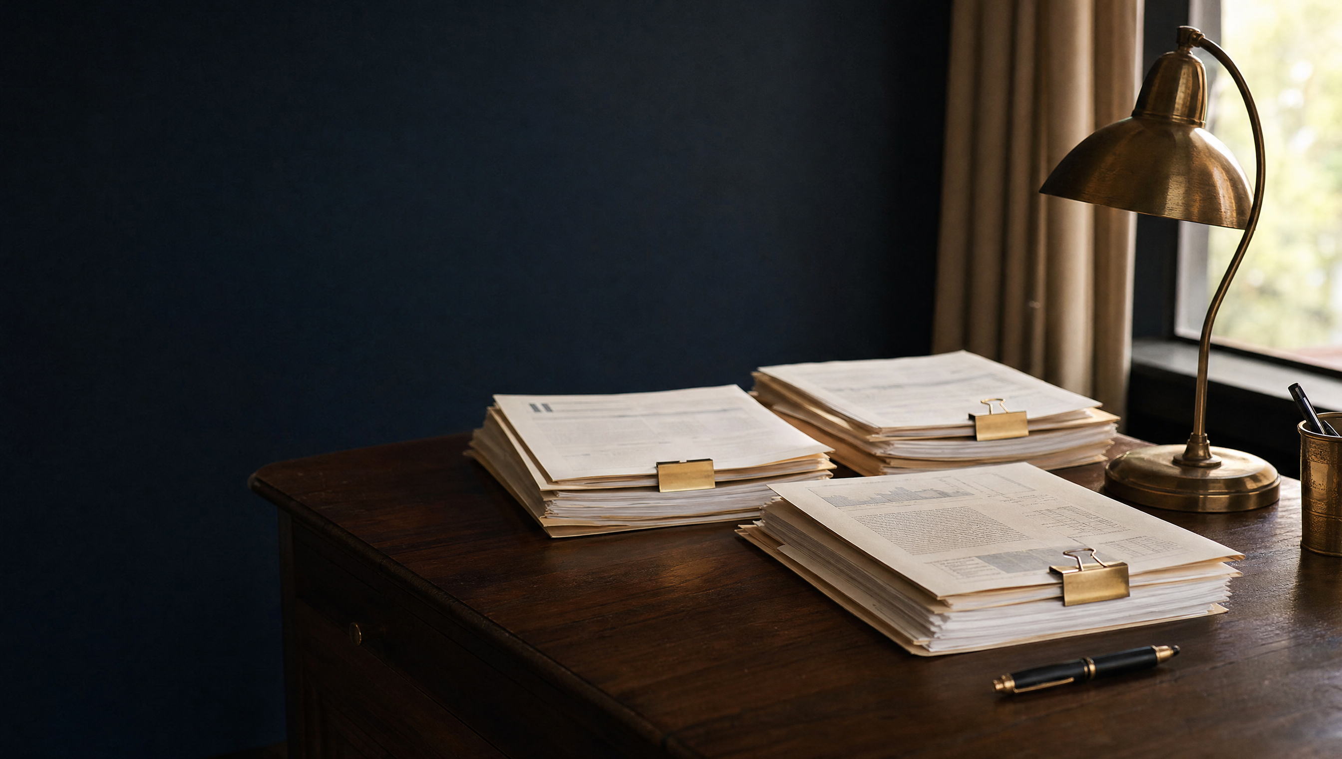 Three stacks of documents held with brass binder clips on a walnut desk beside a brass lamp.