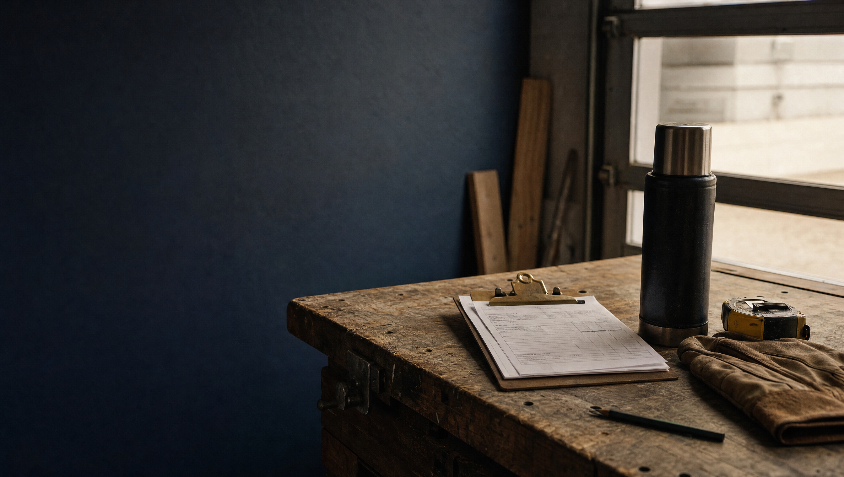 A clipboard with a job sheet, a tape measure, work gloves, and a thermos on a weathered workbench.