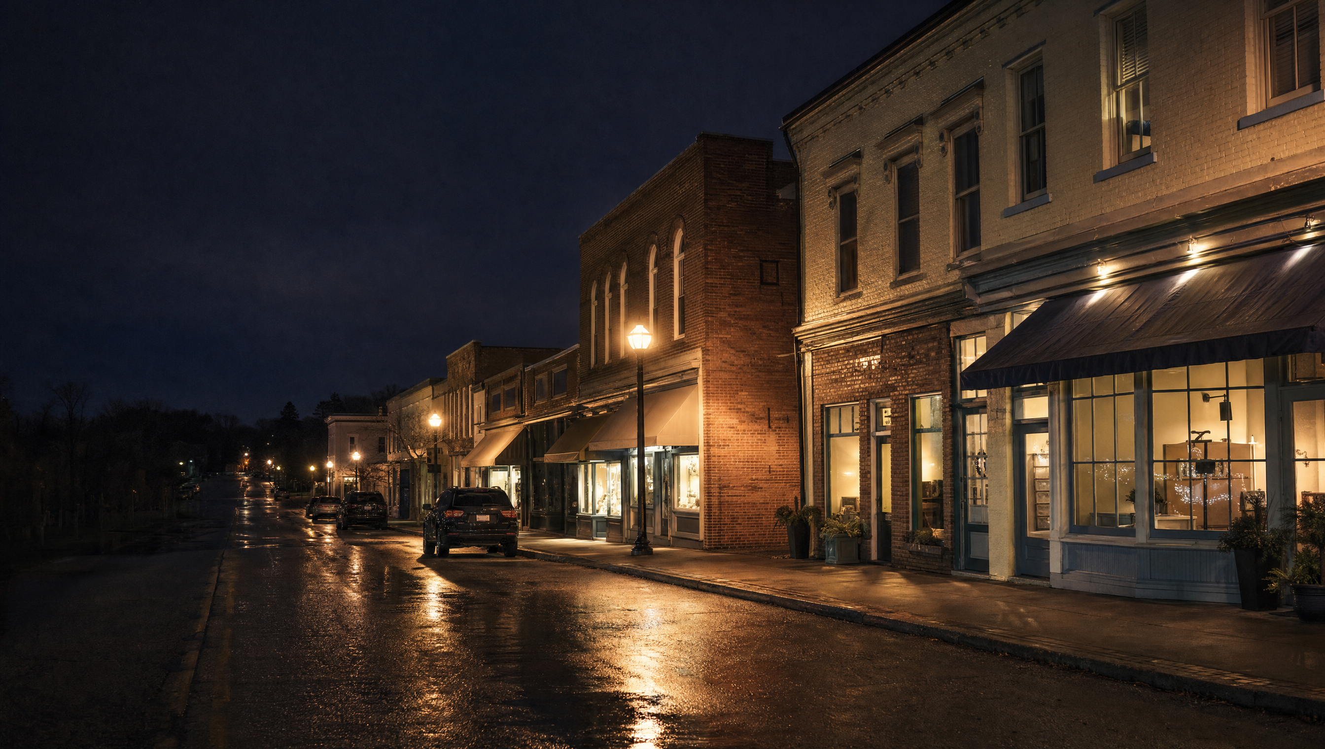 A small-town main street at dusk, with lit shopfronts reflected on wet pavement.